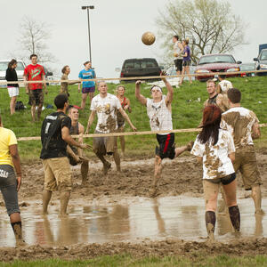 photo of students playing volley ball 