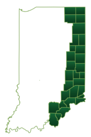 graphic of the state of indiana with the counties of Adams, Allen, Blackford, Clark, Dearborn, Decatur, DeKalb, Delaware, Fayette, Floyd, Franklin, Harrison, Henry, Jay, Jefferson, Jennings, Noble, Ohio, Randolph, Ripley, Rush, Scott, Steuben, Switzerland, Union, Washington, Wayne and Wells shaded