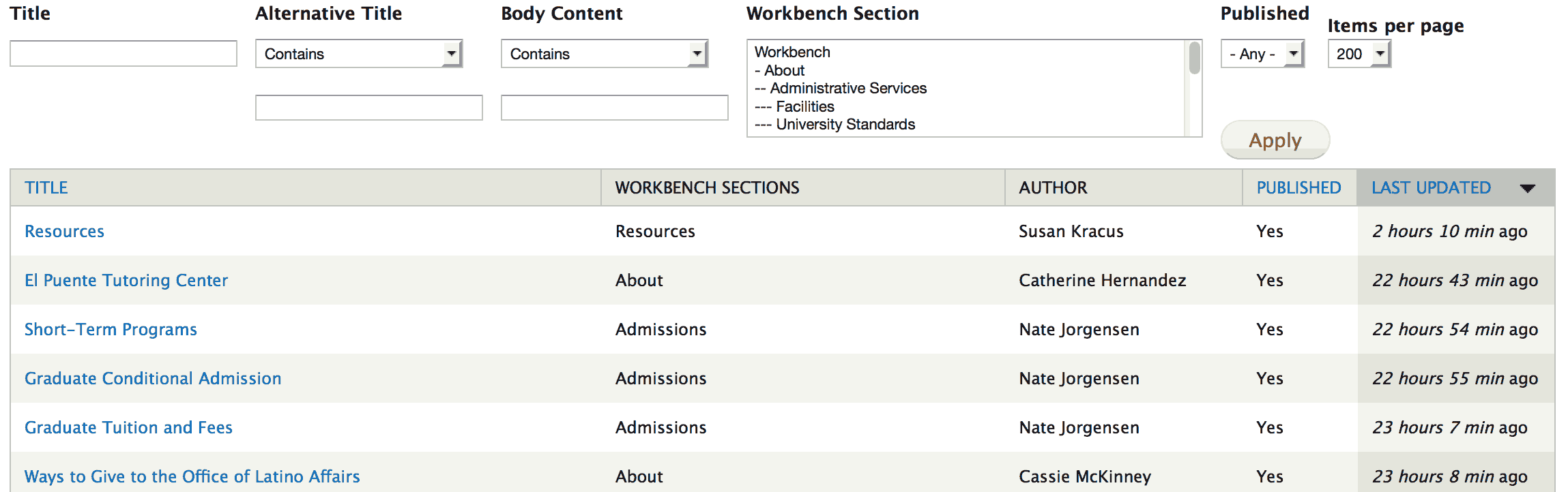 Screenshot showing Find Content tool before: table previously had 5 columns