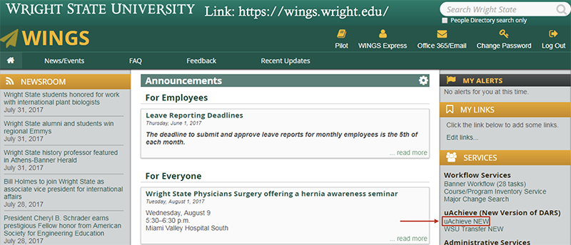 From the WINGS homepage select uAchieve NEW from the Services menu